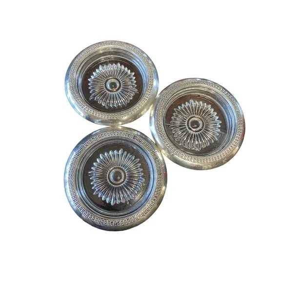 Set of 3 Antique Art Deco Sterling Silver Wrapped Crystal Coasters - Picture 1 of 11